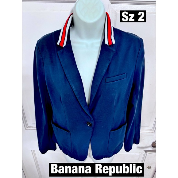 Banana Republic Navy Blazer with Striped Collar. Sz 2 Spotless - Picture 1 of 11